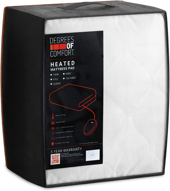 Degrees of Comfort Dual Control Heated Mattress Pad Queen Size | Zone Heating Electric Bed Warmer W/Auto Shut Off | Fit Up to 15 Inch | 12.5ft Long Cord - 60x80 Inch, White