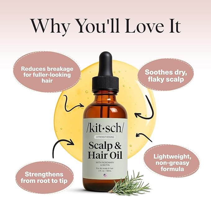 Kitsch Rosemary Oil Pre-Wash Strengthening Hair Oil with Castor, Biotin, Jojoba, Lavender Scent, 60ml