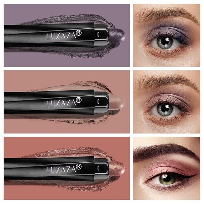 3Pcs Eyeshadow Stick Set, Matte And Shimmer Creamy Eyeshadow Pencil,Eye Brightener Stick,Nude Caramel Grayish Purple Shadow Sticks Set, Waterproof Long Lasting Smoky Highlighter Eye Makeup