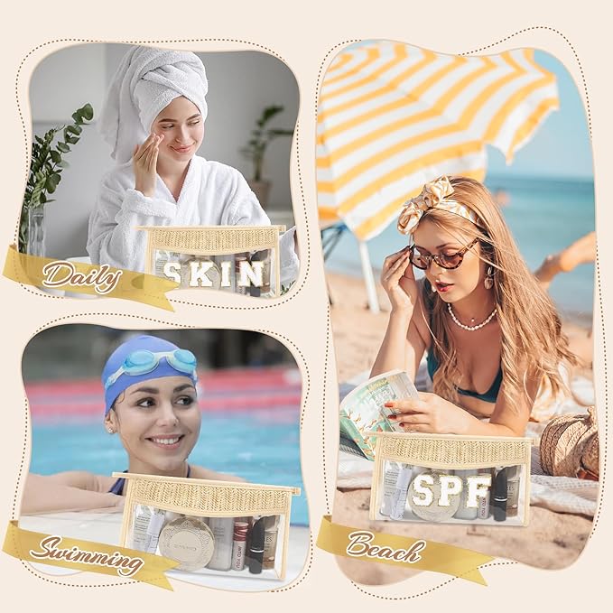 Small Boho Straw Clear Spf Makeup Bags for Women&Girls, Zipper Cosmetic Bag Chenille Varsity Letter Patch Bag, Preppy Cute Toiletry Pouch, Trendy Organizer Storage Bag for Beach Travel Essentials
