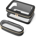 Travel Clear Makeup Bag with Makeup Brush Bag, Leather Makeup Case Toiletry Bag, Portable Cosmetic Bag Case, Transparent Waterproof Cosmetic Organizer Storage Bag for Women, Medium, Black