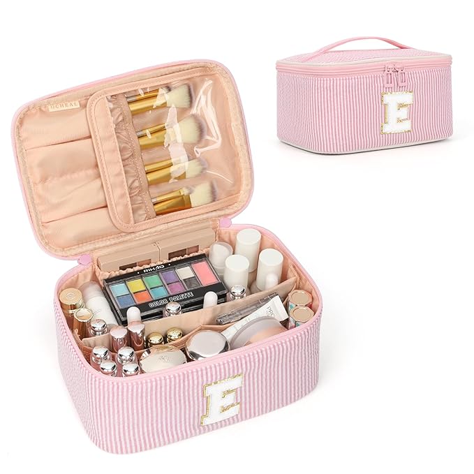 OCHEAL Makeup Bag for Women, Monogram Cosmetic Bag with Brush Holder, Pink Travel Makeup Case Beauty Toiletry Bag Organizer Personalized Gifts for Girls Bridesmaid, Sister, Wife, Friends Initial E
