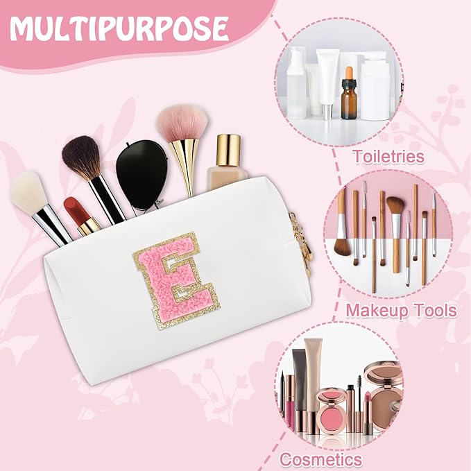 Personalized Chenille Letter Preppy Makeup Bag, Small White Travel Cosmetic Bag Initial Toiletry Zipper Pouch Monogram Makeup Storage, Waterproof Makeup Case Travel Essentials for Women Her(Letter E)