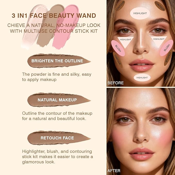 3Pcs Cream Contour Sticks, Shades with Highlighter & Bronzer & Blush, Makeup Kit for Sculpt the Cheeks Long Lasting Dewy & Matte Finish Lightweight Face Contouring Pen LIGHT MEDIUM (SET-C)