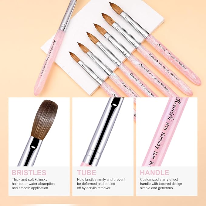 Acrylic Nail Brush Size #16, 100% Pure Kolinsky Nail Art Brushes for Acrylic Application, Sturdy Starry Handle Oval Shaped Nail Design Tools for Professional Manicure DIY, Pink