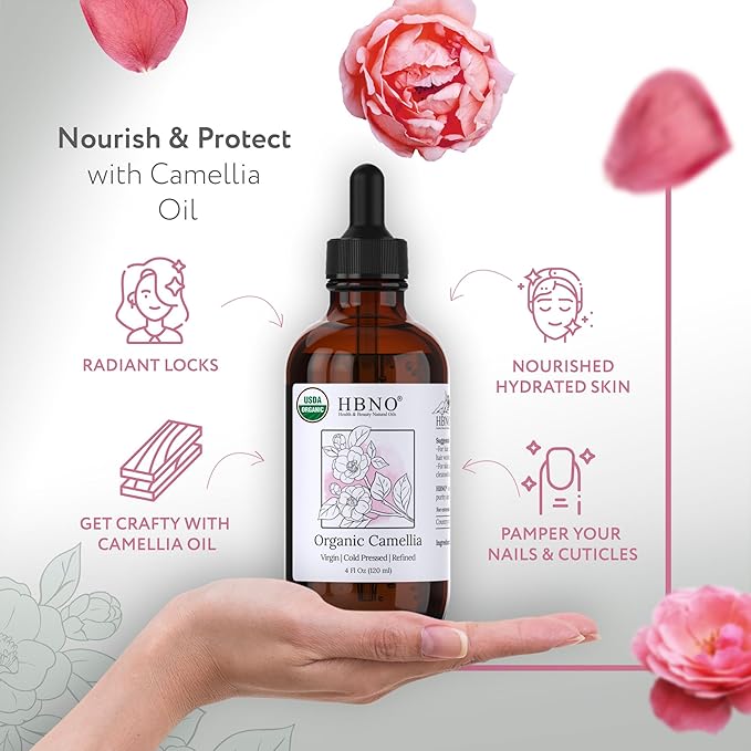 HBNO Organic Camellia Oil - Huge 4 oz (120ml) Value Size - USDA Certified Organic Camellia Oil, Cold Pressed Carrier Oil for Face, Body, Lips, Nails, Shampoo & Conditioner