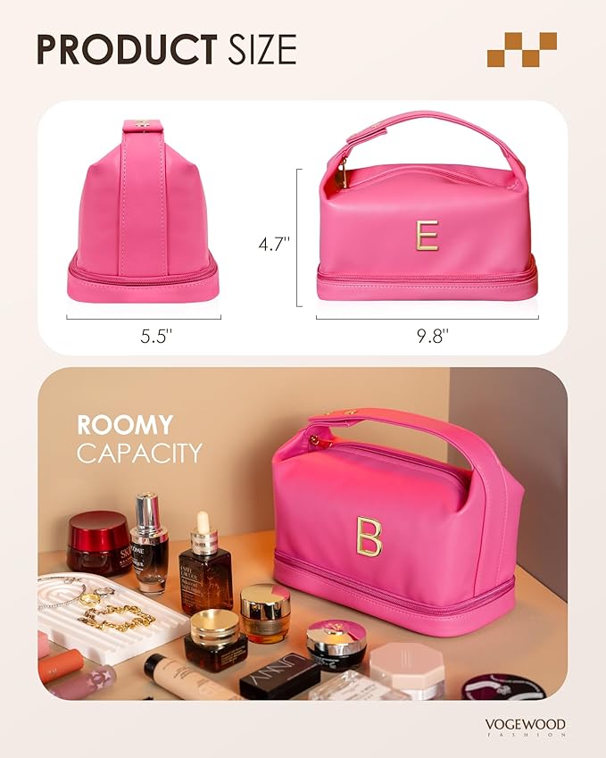 Gifts for Preteeens Girls, Personalized Makeup Bag with Handle, Initial Double Layer Cosmetic Bag with Makeup Brush Organizer, Cute Cosmetic Pouch for Women, Gifts for Friends Female Niece