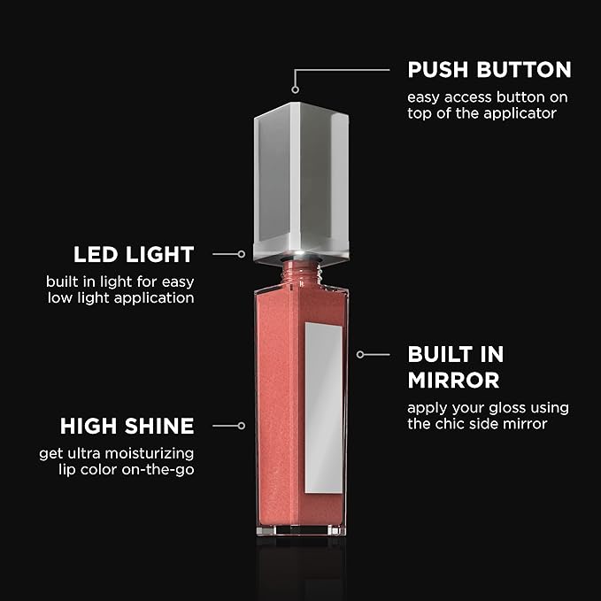 Pure Illumination Light-Up Lip Gloss with LED-Lit Applicator Brush + Side Mirror, Non-Sticky, Moisturizing Hydrating Lip Glosses with Lanolin, Jojoba Oil, & Vitamin E, In the Buff