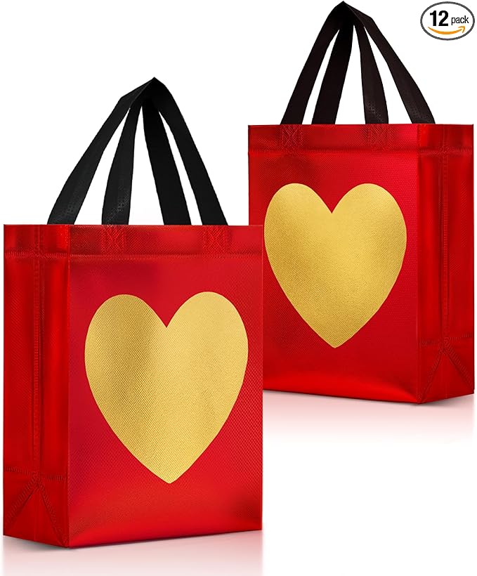 Nush Nush Gold Heart in Red Gift Bags Medium Size - Set of 12 Reusable Heart Gift Bag with Handles - Ideal Goodie Bag for Anniversary, Engagement, Wedding, Birthday, Valentines Day - 8x4x10