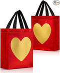 Nush Nush Gold Heart in Red Gift Bags Medium Size - Set of 12 Reusable Heart Gift Bag with Handles - Ideal Goodie Bag for Anniversary, Engagement, Wedding, Birthday, Valentines Day - 8x4x10