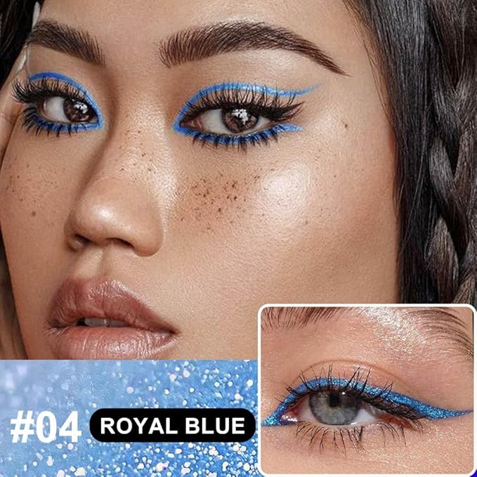 evpct 2Pcs Blue Glitter Shimmer Liquid Eyeliner Eye Makeup Pencil Pen, Pearl Blue Chrome Eyes Liner Face Glitter Makeup Fake Eyelashes Mascara Accessories, Sparkle Metallic Eyeliner Pen Waterproof