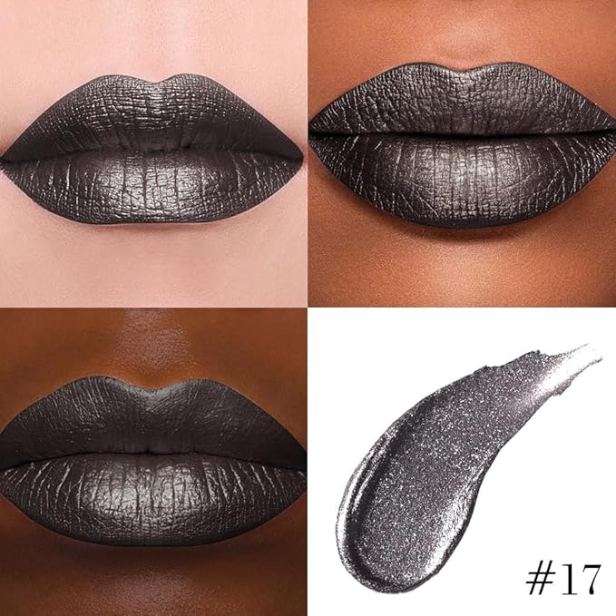evpct Black Metallic Glitter Lip Liner and Lipstick Combo Lip Gloss Stain Set Makeup for Women Long Lasting Waterproof 24, Goth Gothic Halloween Metallic Shimmer Frosted Iridescent Liquid Lipstick 17
