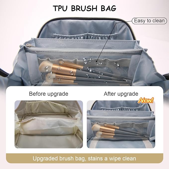 BOYATU Travel Makeup Bags for Women Cosmetic Bag: Puffy Make up Bags Set of 3 - Vegan Leather Makeup Organizer - Waterproof Large Toiletry Bag with Compartments - Travel Essentials (H-2-Khaki)