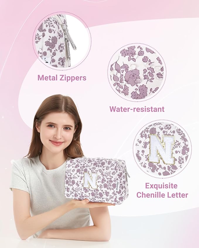 Narwey Birthday Gifts for Teen Girls Kids Women Personalized Initial Floral Makeup Bag Cute Cosmetic Trendy Stuff 6 8 10 11 12 13 14 16 18 Years Old Travel Toiletry Bag (Little Dusty Pink Flower N)