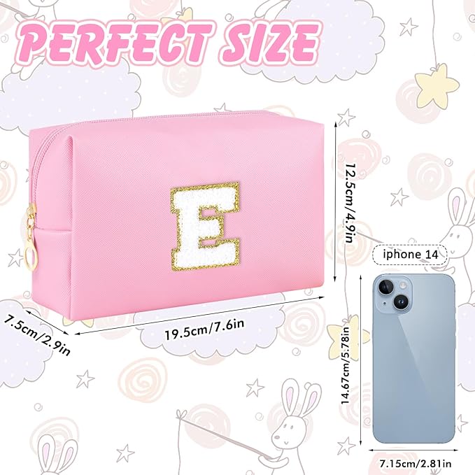 Initial Makeup Bag for Women Travel Small Cosmetic Bag Cute Pink Personalized Preppy Makeup Pouch for Purse Zippered Toiletry Organizer PU Leather Makeup Bag Makeup Case for Christmas（E）