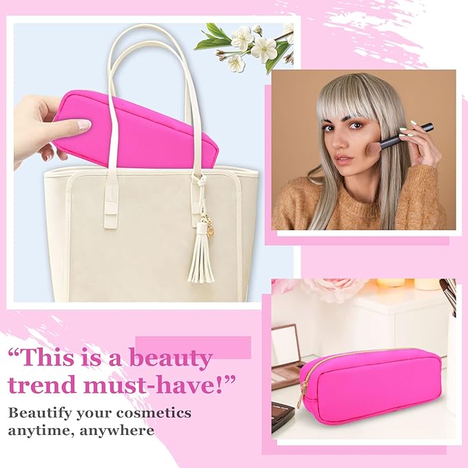 Izuzt Nylon Small Makeup Bag, Slim Pouch - Preppy Cute Makeup Brush Case, Cosmetic Zipper Pouch for Purse, Waterproof Travel Toiletry Bag Clutch, Makeup Organizer for Women & Girls (Hot Pink)