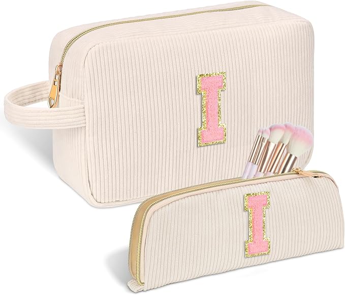 Personalized Initial Makeup Bag Trendy Stuff Corduroy Cosmetic Bag Travel Toiletry Bag, Christmas/Thanksgiving/Halloween Gifts Makeup Organizer Case for Women Girls Mom Girlfriend Wife - White