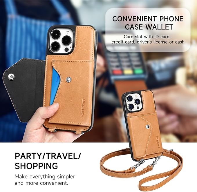 LUCKYCOIN Crossbody Wallet Phone Case for iPhone 14 Pro Max,100% Genuine Leather Wallet Phone Case with Expandable Flip Card Holder,Phone Purse for Women with Adjustable Removable Strap - Tan