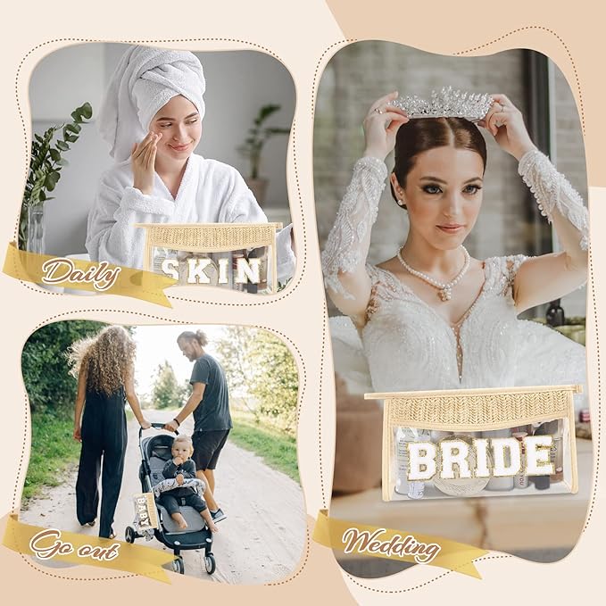 Small Boho Straw Clear Bride Makeup Bags for Women&Girls, Zipper Cosmetic Bag Chenille Varsity Letter Patch Bag, Preppy Cute Toiletry Pouch, Trendy Organizer Storage Bag for Beach Travel Essentials