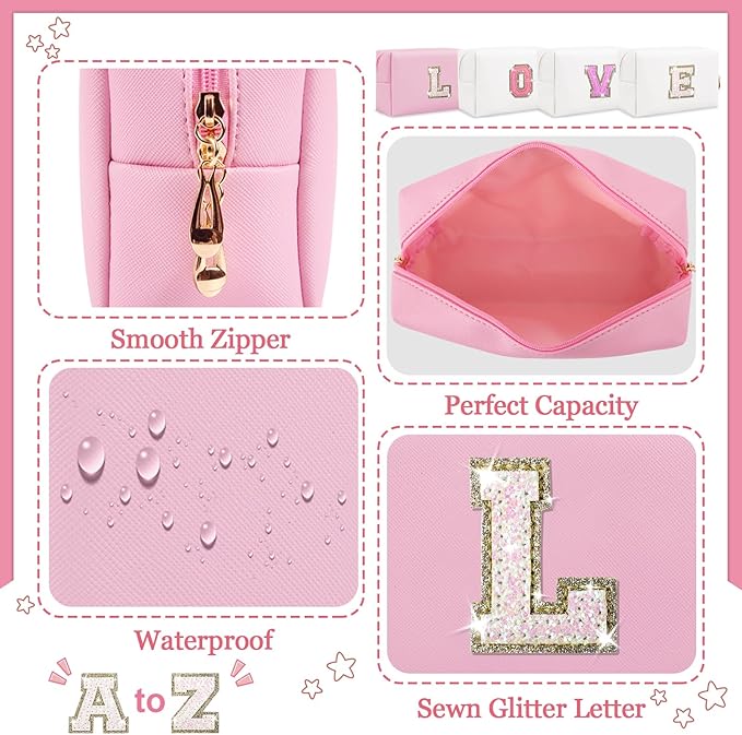 Initial Letter Patch Makeup Bag, Small Preppy A-Z Glitter Letter Cosmetic Bag, PU Leather Waterproof Travel Toiletry Bag, Cute Make Up Pouch Personalized Monogrammed Gift for Women Teen Girls