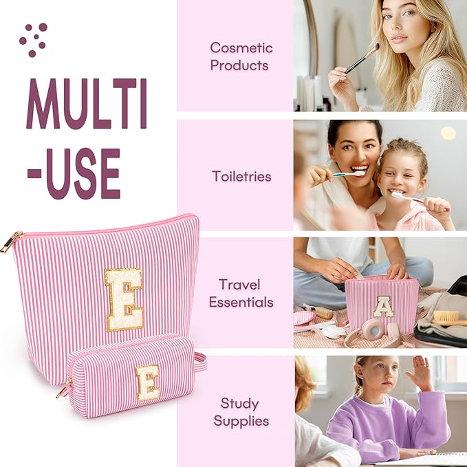 mibasies 2 PCS Initial Makeup Bags for Women: Cosmetic Bag for Travel Toiletry - Personalized Cute Makeup Pouch - Gifts for Grilfriend Wife Moms Bridesmaid - Retirement Travel Gifts - Pink E