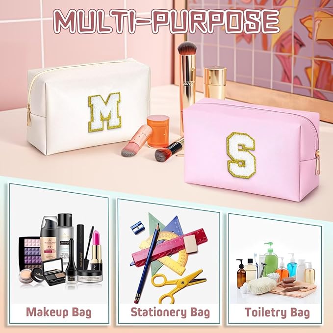 TOPEAST Personalized Birthday Gifts for Women, Preppy Patch Makeup Bag, Chenille Letter Pouch Cosmetic Bag, Travel Organizer, Gifts for Friends, Cute Stuff for Women (White L)