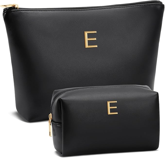 Women Gifts | Initial Makeup Bag Set for Girl Personalized Gifts for Bridesmaid Friend Graduation Teachers PU Leather Cosmetic Travel Toiletry Bag(Black,E)