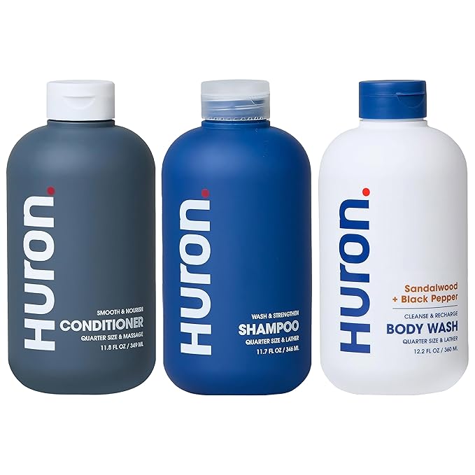 Huron Shower Kit - Shampoo, Conditioner, & Body Wash For Men - Sandalwood + Black Pepper Scent - Hydrating & Nourishing Men's Shampoo & Conditioner