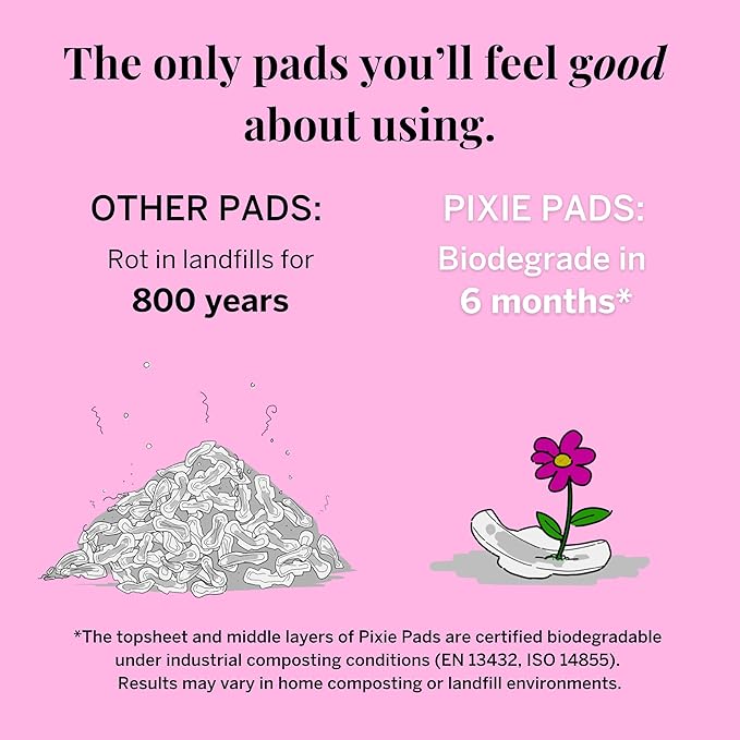 Pixie Organic Cotton Mini Pads with Wings for Women & Teens - Ultra Thin, Light Absorbency Menstrual Pads - Hypoallergenic, Unscented & Biodegradable for Feminine Care - 64 Count