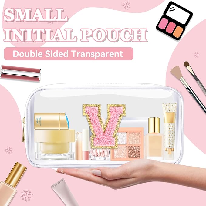 Small Clear Personalized Initial Makeup Bag, Preppy Nylon A-Z Chenille Letter Patch Makeup Organizer TSA Approved Travel Toiletry Bag,Waterproof Zip Beach Cosmetic Pouch Purse for Women(White-Pink V)