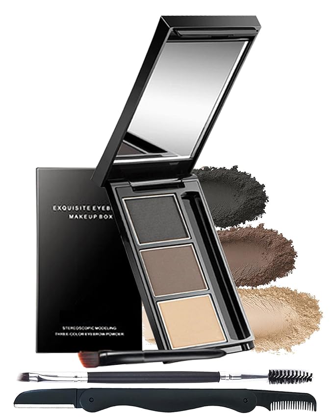 Eyebrow Powder Makeup Kit-3 Colors Eye Brow Powder Palette Long-Lasting Waterproof, Grey Brown Series Brow Filler, Fill & Sculpt Full Eyebrows for Women, With Mirror, Brow Brush & Razor-Set 03