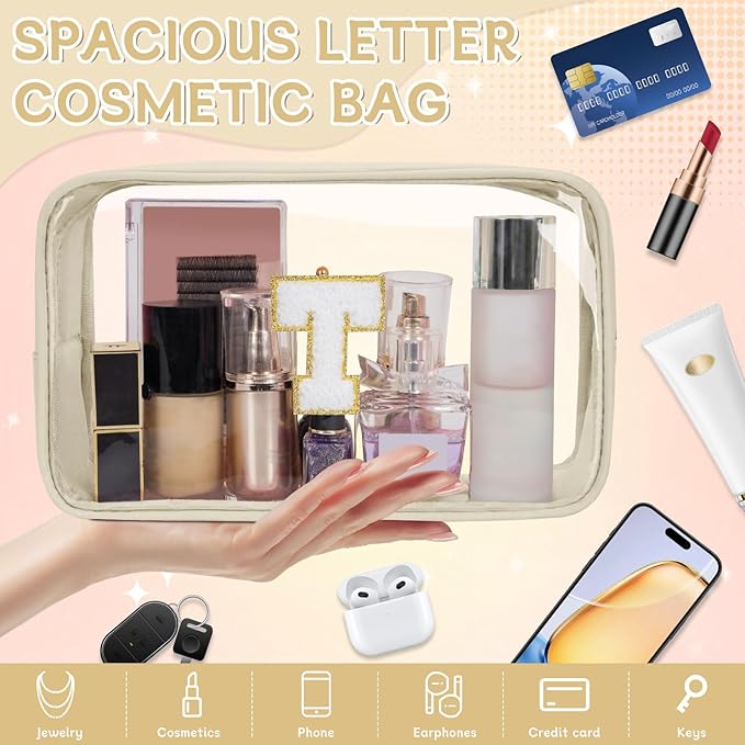 Personalized Initial Clear Makeup Bag, Travel Chenille Patch Cosmetic Bag, Preppy Toiletry Bag Monogram Cosmetic Pouch with Zipper, Ideal Gift for Teen Girls Women (Clear-Beige, T)