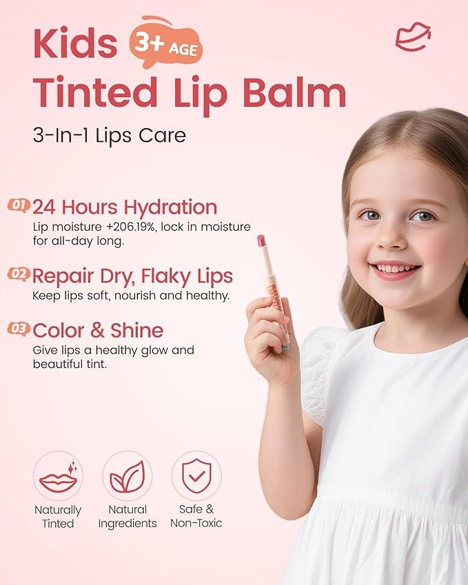 RUNBEN Kids Tinted Lip Balm, Pomegranate -Scented Lipstick, 24H Moisturizing, Safe & Non-toxic Lip Gloss for Kids & Teen, Christmas Makeup Gift for Girls, 2g