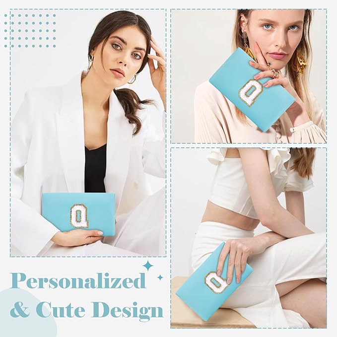Small Personalized Initial A-Z Preppy Patch Makeup Bag,PU Chenille Letter Travel Cosmetic Pouch with Zipper,Blue Cute Toiletry Bag,Gift Ideal for Teen Girls Women Teacher Bridesmaid,Letter Q