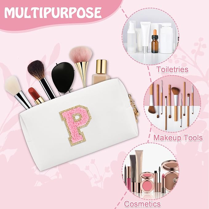 Personalized Initial Preppy Makeup Bag Organizer, White Small Travel Cosmetic Bag Monogram Toiletry Zipper Pouch for Women, PU Leather Waterproof Makeup Case Proposal Gift for Brides Female(Letter P)
