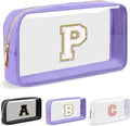 Personalized Initial Letter Clear Makeup Bag,Preppy Small Nylon&PVC Cosmetic Zipper Bag with Chenille Letter,Travel Skincare Toiletry Bag,Monogram Christmas Gift for Teen Girls Women,P
