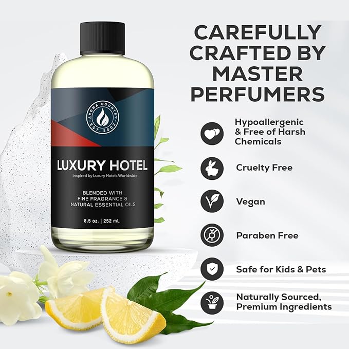 Aroma Country Luxury Hotel Diffuser Oil - Luxury Hotel Scent for Diffuser & Air Fresheners - Essential Oil Diffuser Refill, Home Fragrance Collection with Gardenia & Amber (8.5 Fl. Oz)