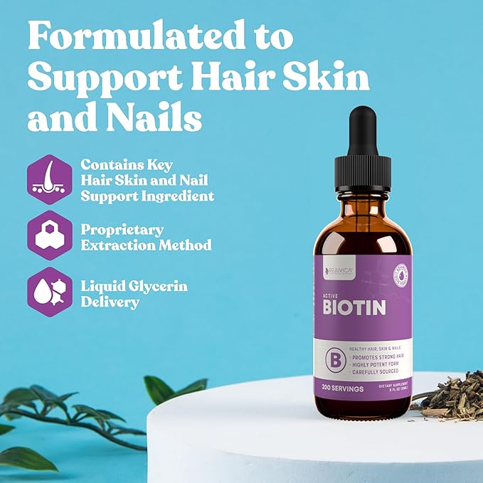 Active Biotin for Healthy Hair, Skin, and Nails | Convenient Liquid Dropper Absorbs Fast & Tastes Great | 3-Pack