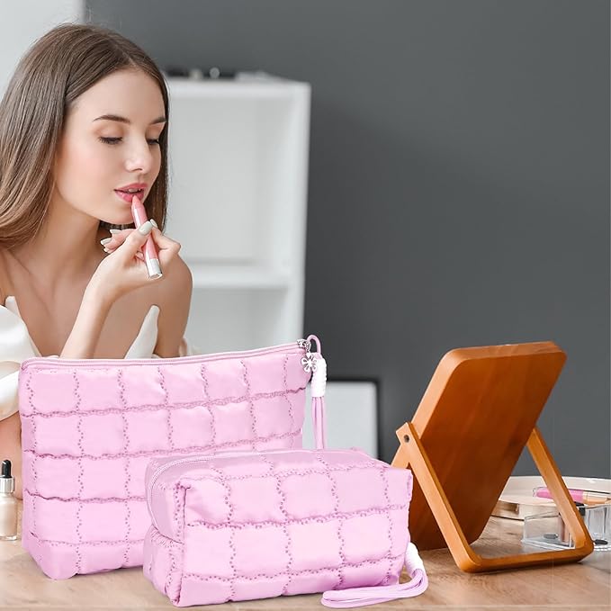 Richeart Makeup Bag Travel Toiletry Bag - Checkered Down Cotton Makeup Pouch for Women with Cosmetic and Pencil, Aesthetic Pink Design, 2 Pieces