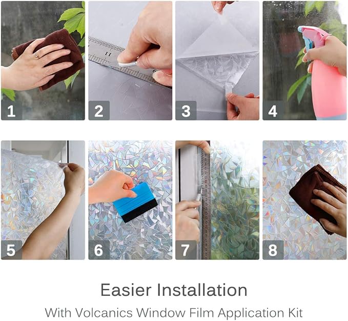 Volcanics Window Privacy Film with Installation Tools, Static Window Clings Vinyl 3D Decals Stickers Rainbow Window Film for Glass Door Home Heat Control Anti UV 11.8 x 78.7 Inches