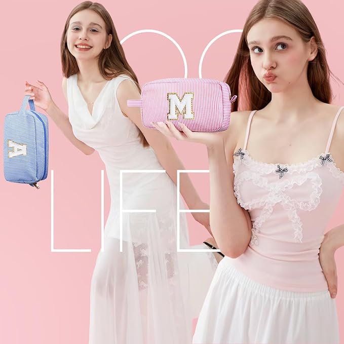 YOOLIFE Teen Girls Makeup Bag - Monogram Makeup Bags Cosmetic Toiletry Pouch Make Up Case for Women Her Best Friend Friendship Sister Teacher, Personalized Birthday Gifts for Women, Blue J