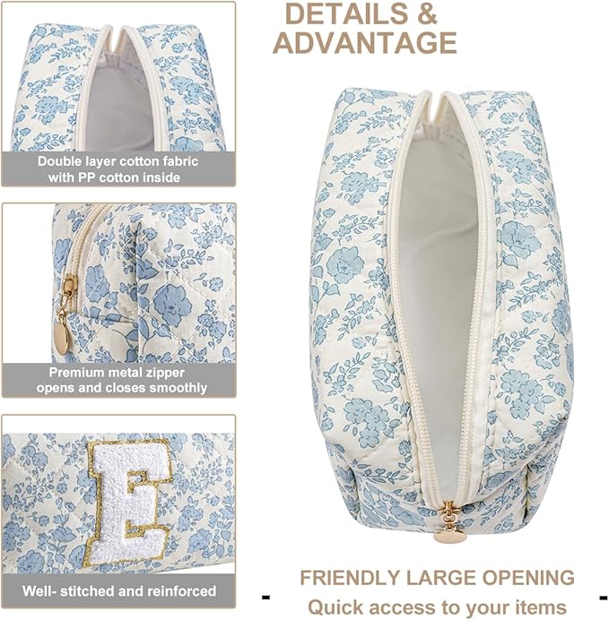 Gleyemor Personalized Initial Makeup Bag for Women, Cute Quilted Blue Floral Cotton Cosmetic Bag, Christmas Gifts for Her Mom Friend Sister Bridesmaid Teacher Women E