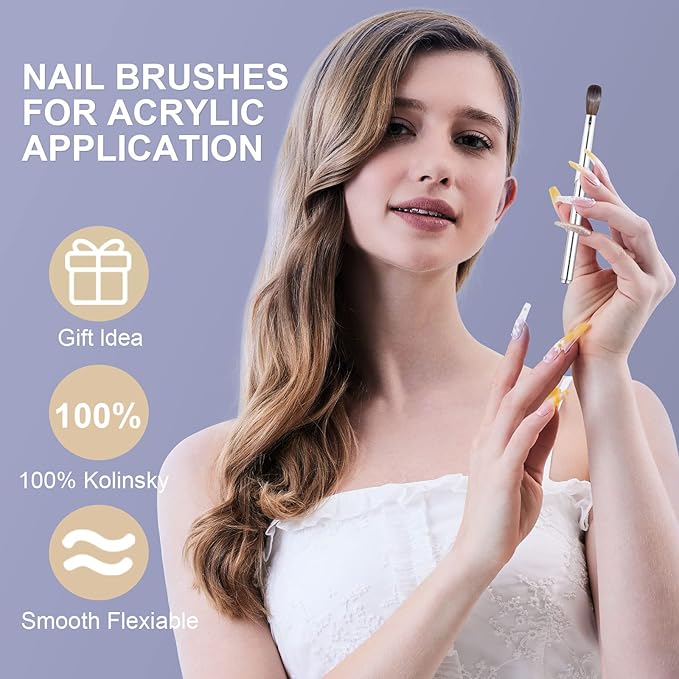 Acrylic Nail Art Brush Size 12, 100% Pure Kolinsky Hair Oval Nail Brush for Acrylic Application, Professional Nail Extension Manicure Tool Striping Nail Drawing Pen for DIY Home Salon