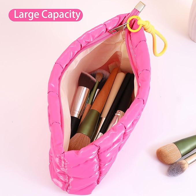 Puffer Quilted Makeup Bag Travel Cosmetic Bag Portable Puffy Checkered Toiletry Pouch Skincare Organizer Purse Pencil Case (Pink)