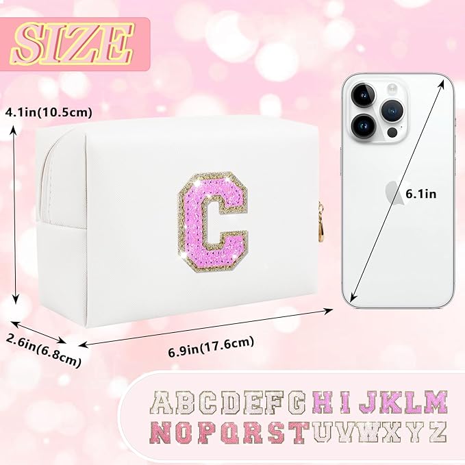 Personalized Initial Letter Makeup Bag, Preppy Glitter Letter Patch Cosmetic Pouch Zipper,PU Waterproof Travel Toiletry Bag Cute Makeup Organizer Monogrammed Make Up Bag,Gift for Women Girls