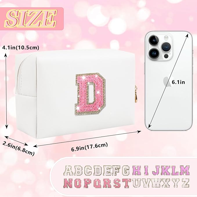 Personalized Initial Letter Makeup Bag, Preppy Glitter Letter Patch Cosmetic Pouch Zipper,PU Waterproof Travel Toiletry Bag Cute Makeup Organizer Monogrammed Make Up Bag,Gift for Women Girls