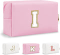 Personalized Small Travel Preppy Makeup Bag, Initial Cute Pink Chenille Letter Cosmetic Organizer Toiletry Pouch, Waterproof Portable PU Monogram Make Up Bag Case Gift for Women Friends Her(Letter I)