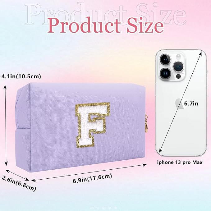 Small Personalized Letter Makeup Bag, Cute PU Leather Chenille Letters Cosmetic Bag Travel Makeup Pouch, Preppy Travel Organizer Zipper Pouch for Women&Girls（Purple-F）