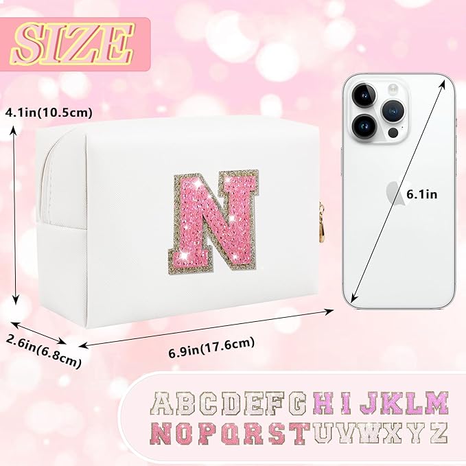 Personalized Initial Letter Makeup Bag, Small Glitter Letter Patch Cosmetic Pouch Zipper, Preppy Makeup Organizer PU Waterproof Travel Toiletry Bag, Monogrammed Birthday Gift for Women Girls