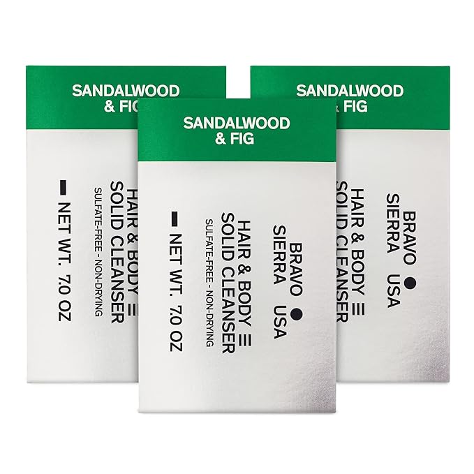 Bravo Sierra Sandalwood & Fig All-In-One Shampoo Bar for Face, Hair & Body - Coconut, Shea Butter & Oats for Soft Skin & Healthy Hair, 3-Pack, 7 oz